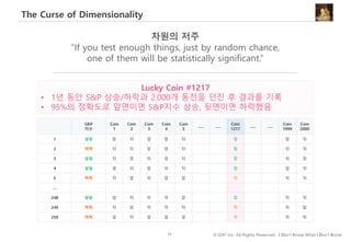 77 © IDK2 Inc. All Rights Reserved. I Don’t Know What I Don’t Know
The Curse of Dimensionality
차원의 저주
“If you test enough things, just by random chance,
one of them will be statistically significant.”
S&P
지수
Coin
1
Coin
2
Coin
3
Coin
4
Coin
5
….. …..
Coin
1217
….. …..
Coin
1999
Coin
2000
1 상승 앞 뒤 앞 앞 뒤 앞 앞 뒤
2 하락 뒤 뒤 앞 앞 뒤 앞 뒤 뒤
3 상승 뒤 앞 뒤 앞 뒤 앞 뒤 앞
4 상승 앞 뒤 앞 뒤 뒤 앞 앞 뒤
5 하락 뒤 앞 뒤 앞 앞 뒤 뒤 뒤
…
248 상승 앞 뒤 뒤 뒤 앞 앞 뒤 뒤
249 하락 뒤 앞 뒤 뒤 뒤 뒤 뒤 앞
250 하락 앞 뒤 앞 앞 앞 뒤 뒤 뒤
Lucky Coin #1217
• 1년 동안 S&P 상승/하락과 2,000개 동전을 던진 후 결과를 기록
• 95%의 정확도로 앞면이면 S&P지수 상승, 뒷면이면 하락했음
 