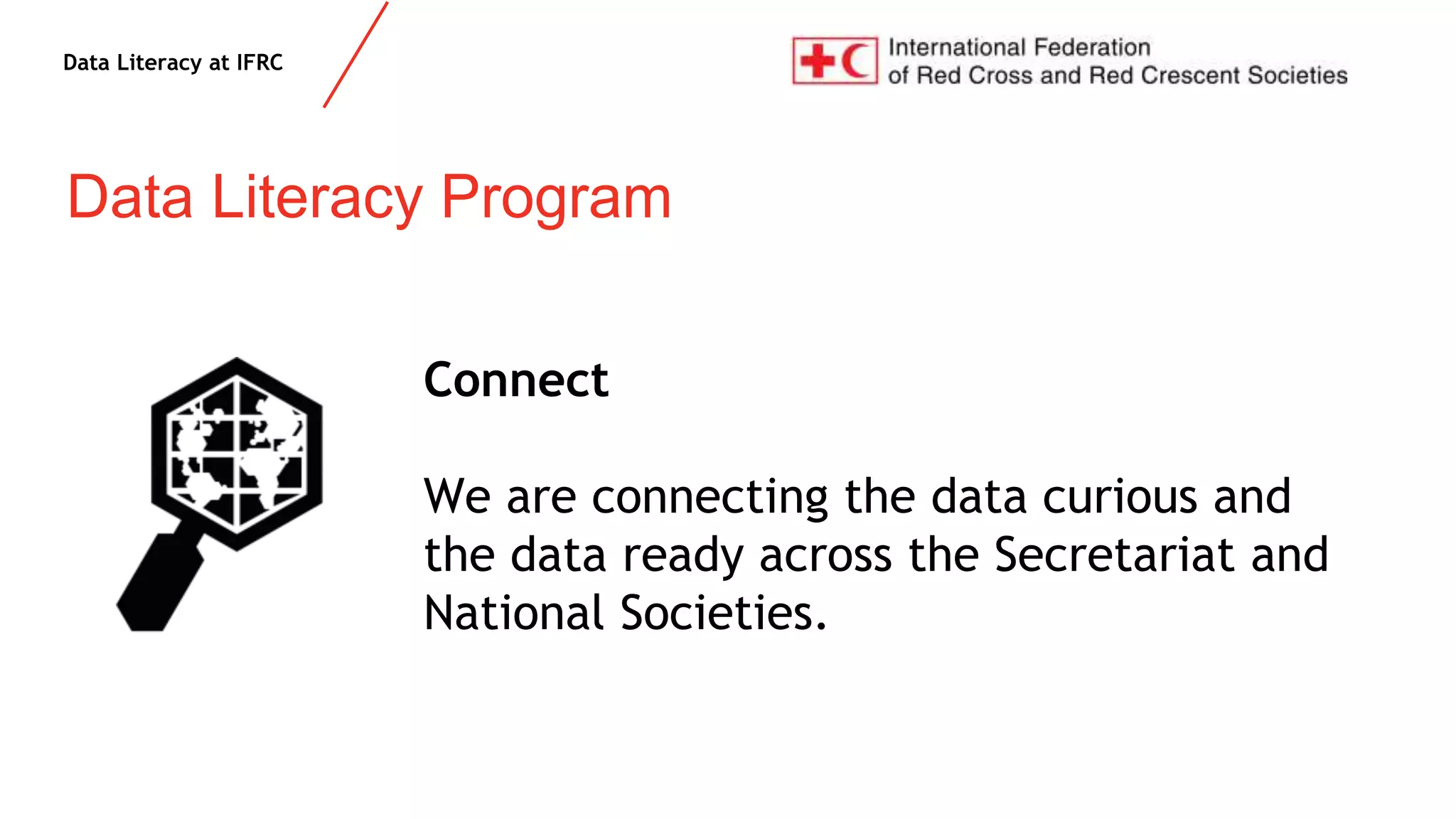 Data Literacy at IFRC
Data Literacy Program
Connect
We are connecting the data curious and
the data ready across the Secretariat and
National Societies.
 