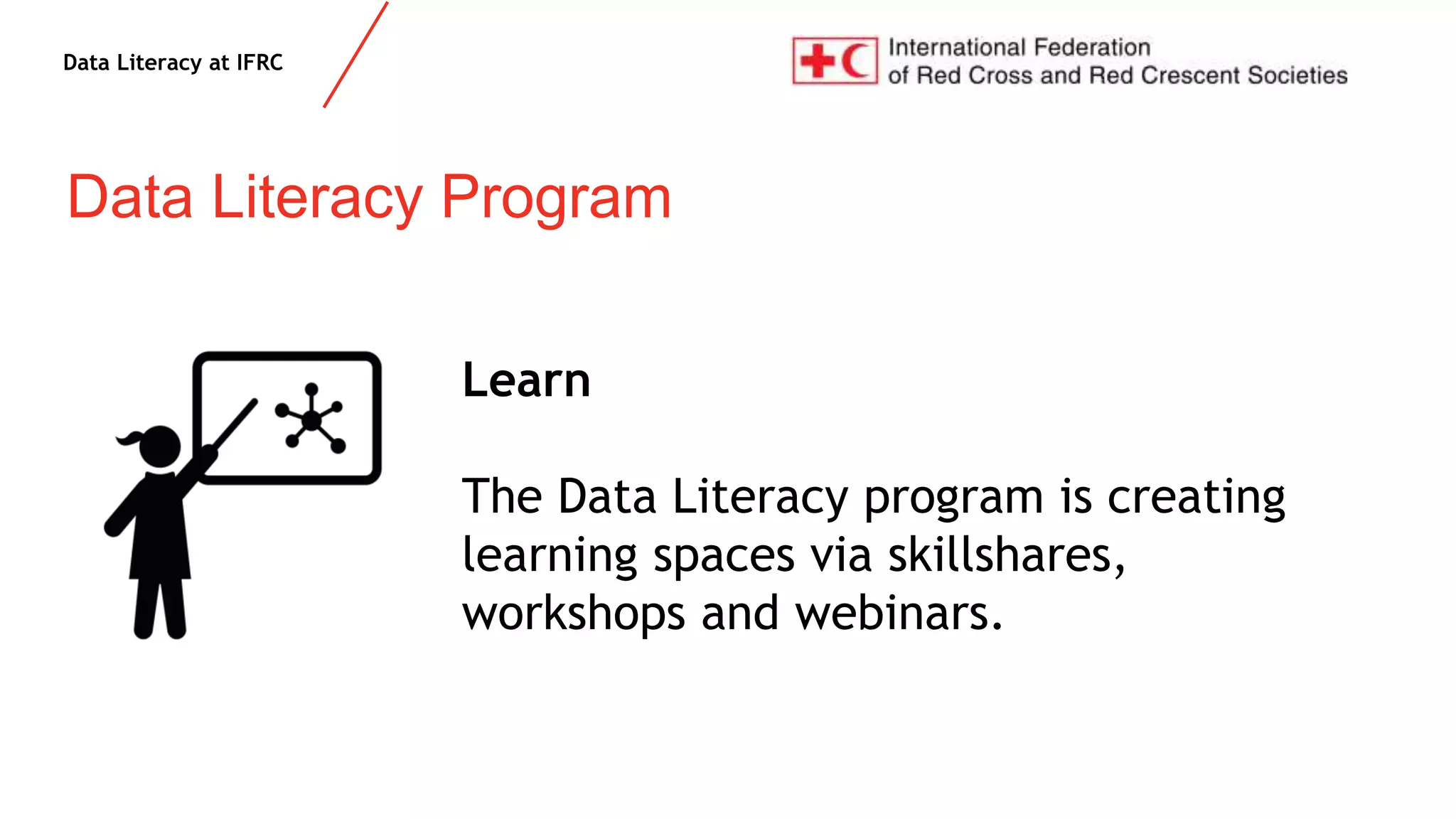 Data Literacy at IFRC
Data Literacy Program
Learn
The Data Literacy program is creating
learning spaces via skillshares,
workshops and webinars.
 
