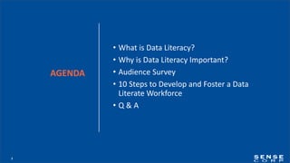3
• What is Data Literacy?
• Why is Data Literacy Important?
• Audience Survey
• 10 Steps to Develop and Foster a Data
Literate Workforce
• Q & A
AGENDA
 