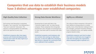 Companies that use data to establish their business models
have 3 distinct advantages over established companies:
9
High-Quality Data Collection
Each process and interaction is evaluated
through a “can-I-track-this” lens followed by a
“how-can-I-scale-this” discussion. This
requires a strong foundation of underlying
data to be captured at every step.
Established companies often have legacy
processes with limited and disparate data
collection from which the data might be of
questionable quality.
Strong Data-literate Workforce
Knowing how to work with data is the
“minimum height to ride” at a data-literate
company. These companies hire strong data
practitioners who, through an increasing focus
on data, have been able to monetize their data
assets.
Established companies need employees who
can maintain their existing non-data based
processes, so they hire differently. Developing
data literacy is typically not a priority for them
and is reflected in their workforce.
Agility as a Mindset
The culture at these companies is focused on
their abilities to bring products to market
quickly, move critical decision making to front-
line managers, promote innovative thinking,
foster competitive drive, and rapidly evaluate
progress based on data.
Established companies work hard to adopt
these traits on small teams but struggle to
scale them throughout the organization,
where employees prefer to operate as-is.
 