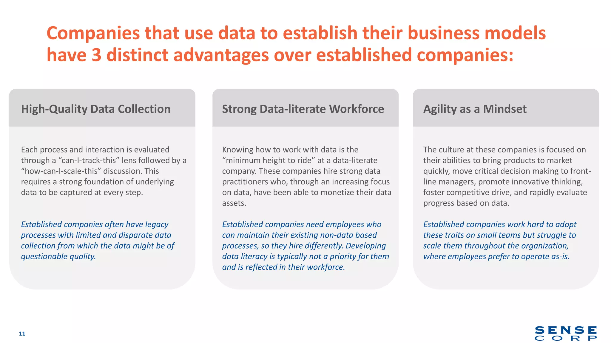 Companies that use data to establish their business models
have 3 distinct advantages over established companies:
11
High-Quality Data Collection
Each process and interaction is evaluated
through a “can-I-track-this” lens followed by a
“how-can-I-scale-this” discussion. This
requires a strong foundation of underlying
data to be captured at every step.
Established companies often have legacy
processes with limited and disparate data
collection from which the data might be of
questionable quality.
Strong Data-literate Workforce
Knowing how to work with data is the
“minimum height to ride” at a data-literate
company. These companies hire strong data
practitioners who, through an increasing focus
on data, have been able to monetize their data
assets.
Established companies need employees who
can maintain their existing non-data based
processes, so they hire differently. Developing
data literacy is typically not a priority for them
and is reflected in their workforce.
Agility as a Mindset
The culture at these companies is focused on
their abilities to bring products to market
quickly, move critical decision making to front-
line managers, promote innovative thinking,
foster competitive drive, and rapidly evaluate
progress based on data.
Established companies work hard to adopt
these traits on small teams but struggle to
scale them throughout the organization,
where employees prefer to operate as-is.
 