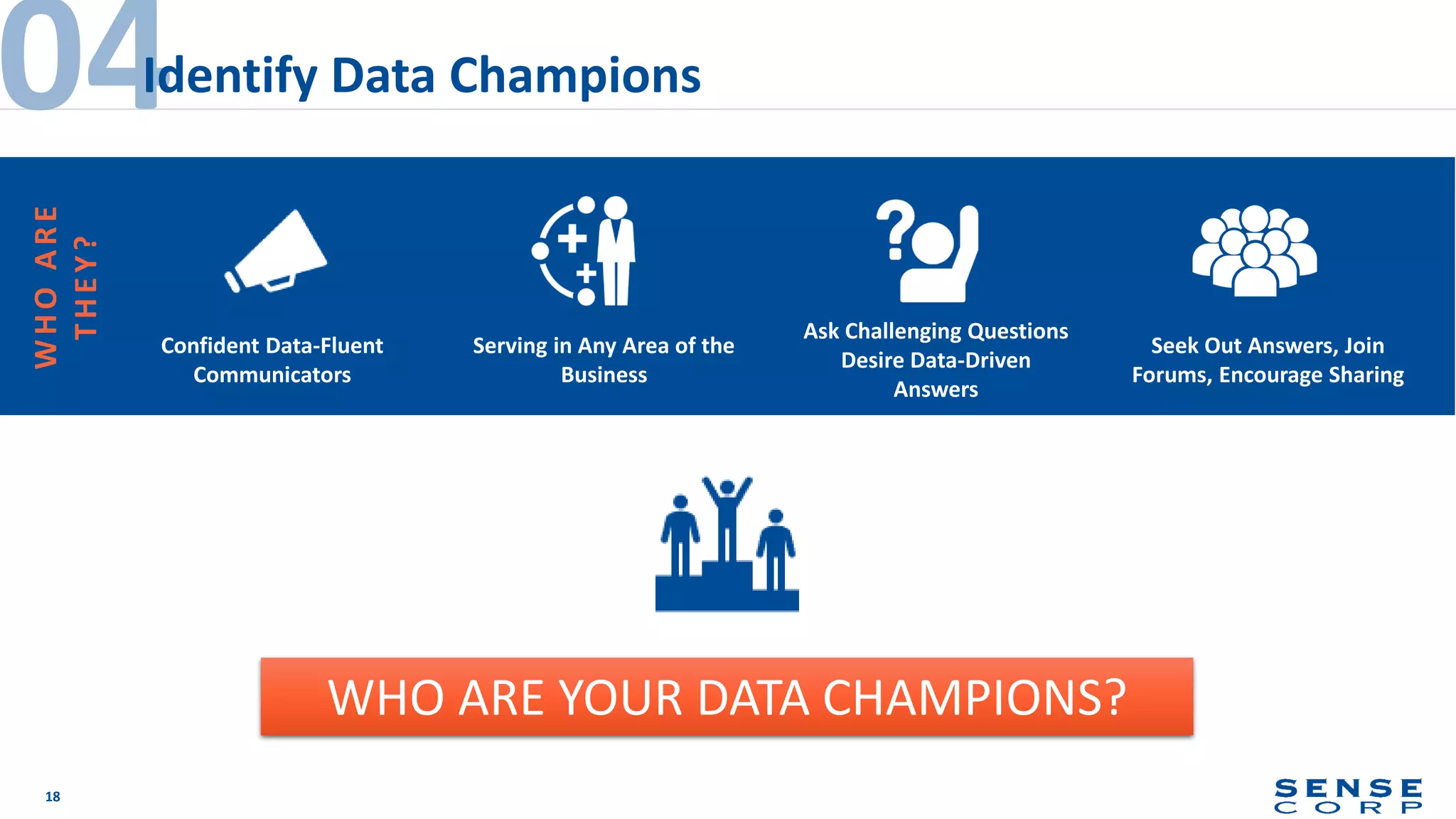 18
04Identify Data Champions
WHOARE
THEY?
Confident Data-Fluent
Communicators
Serving in Any Area of the
Business
Ask Challenging Questions
Desire Data-Driven
Answers
Seek Out Answers, Join
Forums, Encourage Sharing
WHO ARE YOUR DATA CHAMPIONS?
 