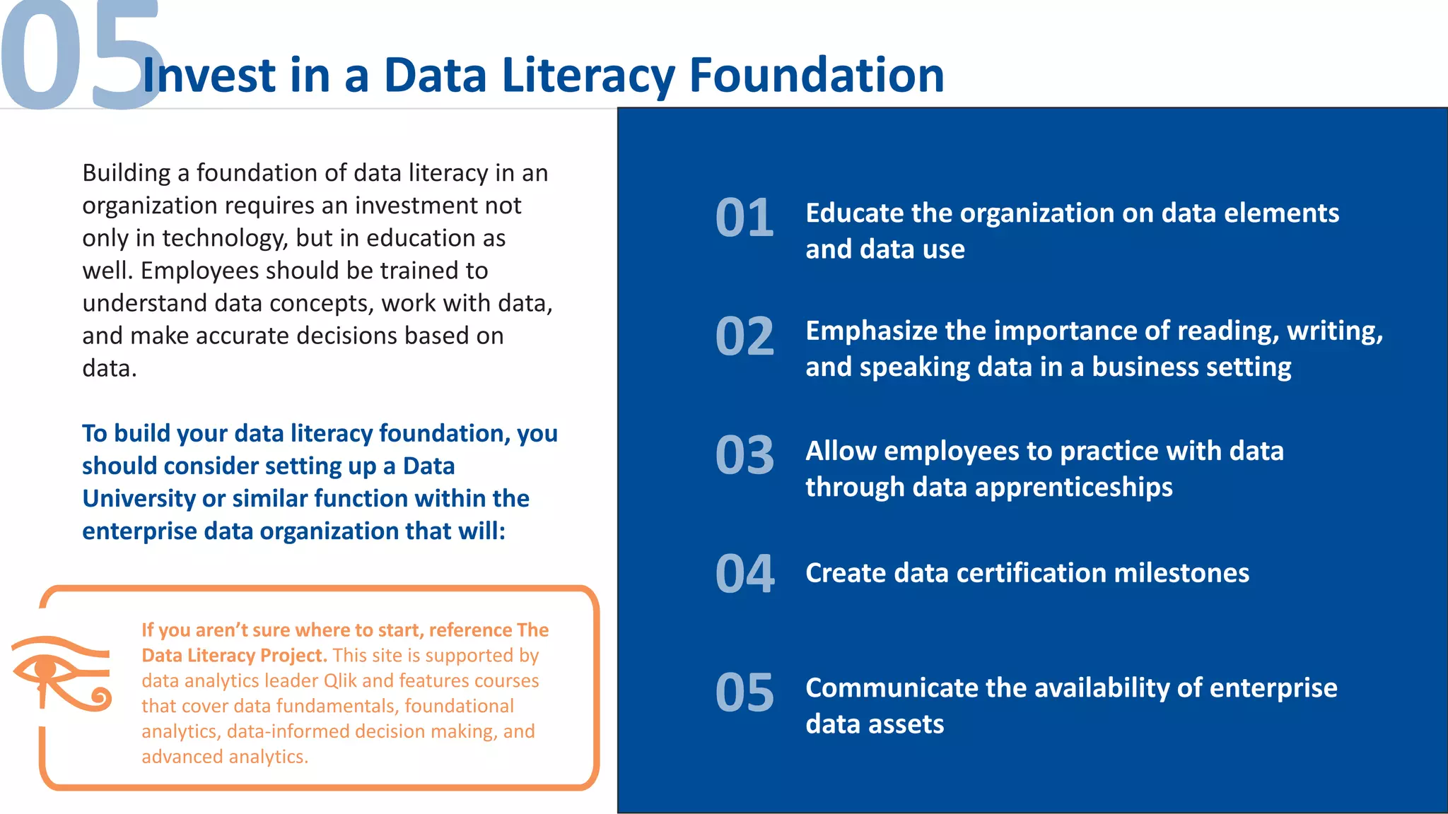 05Invest in a Data Literacy Foundation
Educate the organization on data elements
and data use
01
02
03
04
05
Emphasize the importance of reading, writing,
and speaking data in a business setting
Allow employees to practice with data
through data apprenticeships
Create data certification milestones
Communicate the availability of enterprise
data assets
If you aren’t sure where to start, reference The
Data Literacy Project. This site is supported by
data analytics leader Qlik and features courses
that cover data fundamentals, foundational
analytics, data-informed decision making, and
advanced analytics.
Building a foundation of data literacy in an
organization requires an investment not
only in technology, but in education as
well. Employees should be trained to
understand data concepts, work with data,
and make accurate decisions based on
data.
To build your data literacy foundation, you
should consider setting up a Data
University or similar function within the
enterprise data organization that will:
 