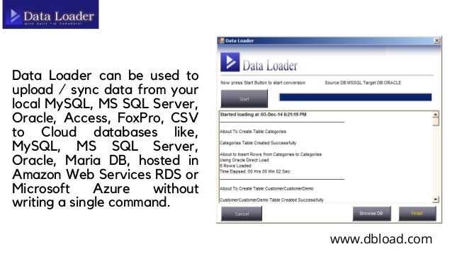 Data Loader can be used to
upload / sync data from your
local MySQL, MS SQL Server,
Oracle, Access, FoxPro, CSV
to Cloud databases like,
MySQL, MS SQL Server,
Oracle, Maria DB, hosted in
Amazon Web Services RDS or
Microsoft Azure without
writing a single command.
www.dbload.com
