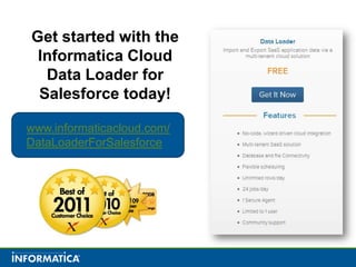 Get started with the
 Informatica Cloud
  Data Loader for
 Salesforce today!

www.informaticacloud.com/
DataLoaderForSalesforce
 