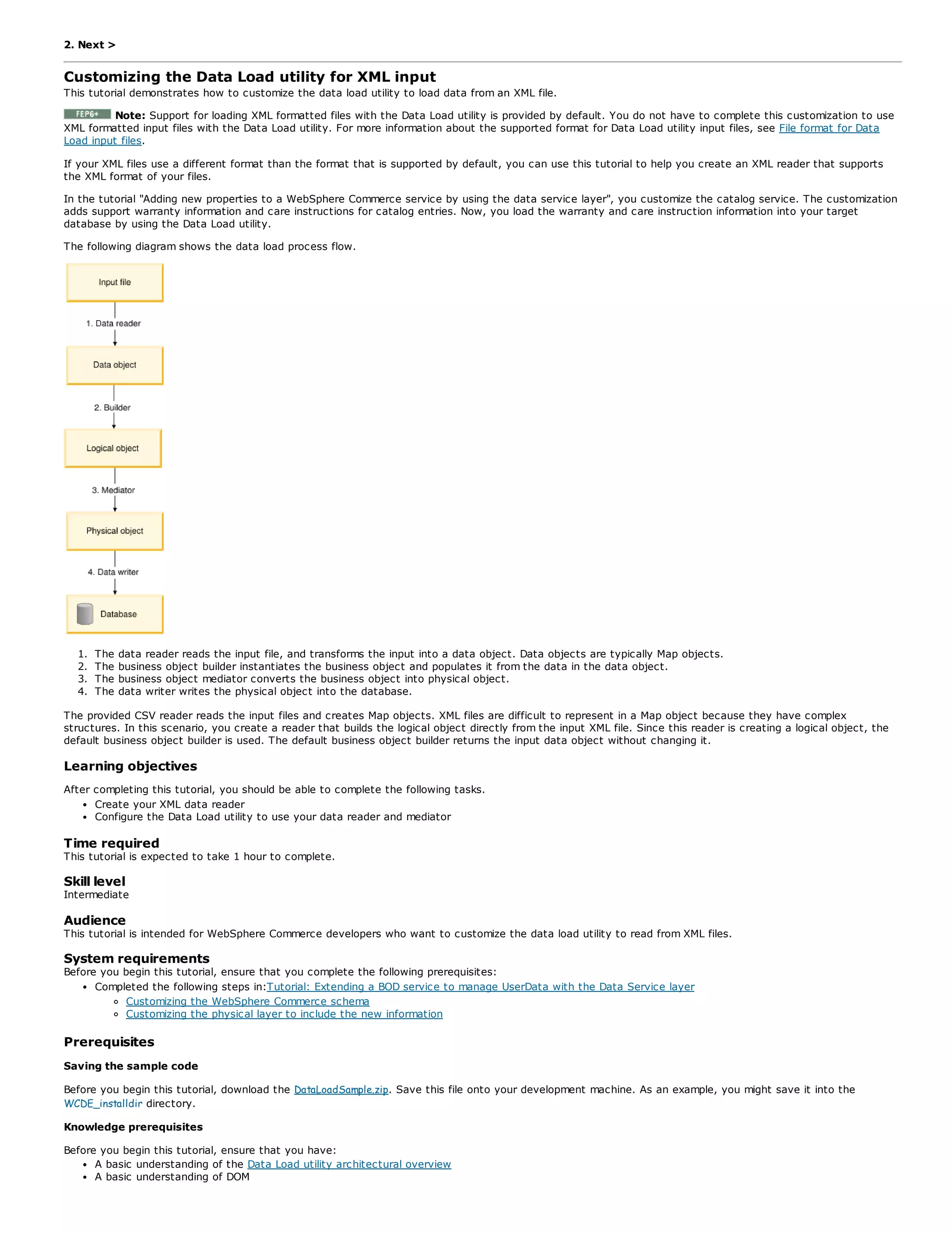 2. Next >
Customizing the Data Load utility for XML input
This tutorial demonstrates how to customize the data load utility to load data from an XML file.
Note: Support for loading XML formatted files with the Data Load utility is provided by default. You do not have to complete this customization to use
XML formatted input files with the Data Load utility. For more information about the supported format for Data Load utility input files, see File format for Data
Load input files.
If your XML files use a different format than the format that is supported by default, you can use this tutorial to help you create an XML reader that supports
the XML format of your files.
In the tutorial "Adding new properties to a WebSphere Commerce service by using the data service layer", you customize the catalog service. The customization
adds support warranty information and care instructions for catalog entries. Now, you load the warranty and care instruction information into your target
database by using the Data Load utility.
The following diagram shows the data load process flow.
1. The data reader reads the input file, and transforms the input into a data object. Data objects are typically Map objects.
2. The business object builder instantiates the business object and populates it from the data in the data object.
3. The business object mediator converts the business object into physical object.
4. The data writer writes the physical object into the database.
The provided CSV reader reads the input files and creates Map objects. XML files are difficult to represent in a Map object because they have complex
structures. In this scenario, you create a reader that builds the logical object directly from the input XML file. Since this reader is creating a logical object, the
default business object builder is used. The default business object builder returns the input data object without changing it.
Learning objectives
After completing this tutorial, you should be able to complete the following tasks.
Create your XML data reader
Configure the Data Load utility to use your data reader and mediator
Time required
This tutorial is expected to take 1 hour to complete.
Skill level
Intermediate
Audience
This tutorial is intended for WebSphere Commerce developers who want to customize the data load utility to read from XML files.
System requirements
Before you begin this tutorial, ensure that you complete the following prerequisites:
Completed the following steps in:Tutorial: Extending a BOD service to manage UserData with the Data Service layer
Customizing the WebSphere Commerce schema
Customizing the physical layer to include the new information
Prerequisites
Saving the sample code
Before you begin this tutorial, download the DataLoadSample.zip. Save this file onto your development machine. As an example, you might save it into the
WCDE_installdir directory.
Knowledge prerequisites
Before you begin this tutorial, ensure that you have:
A basic understanding of the Data Load utility architectural overview
A basic understanding of DOM
 