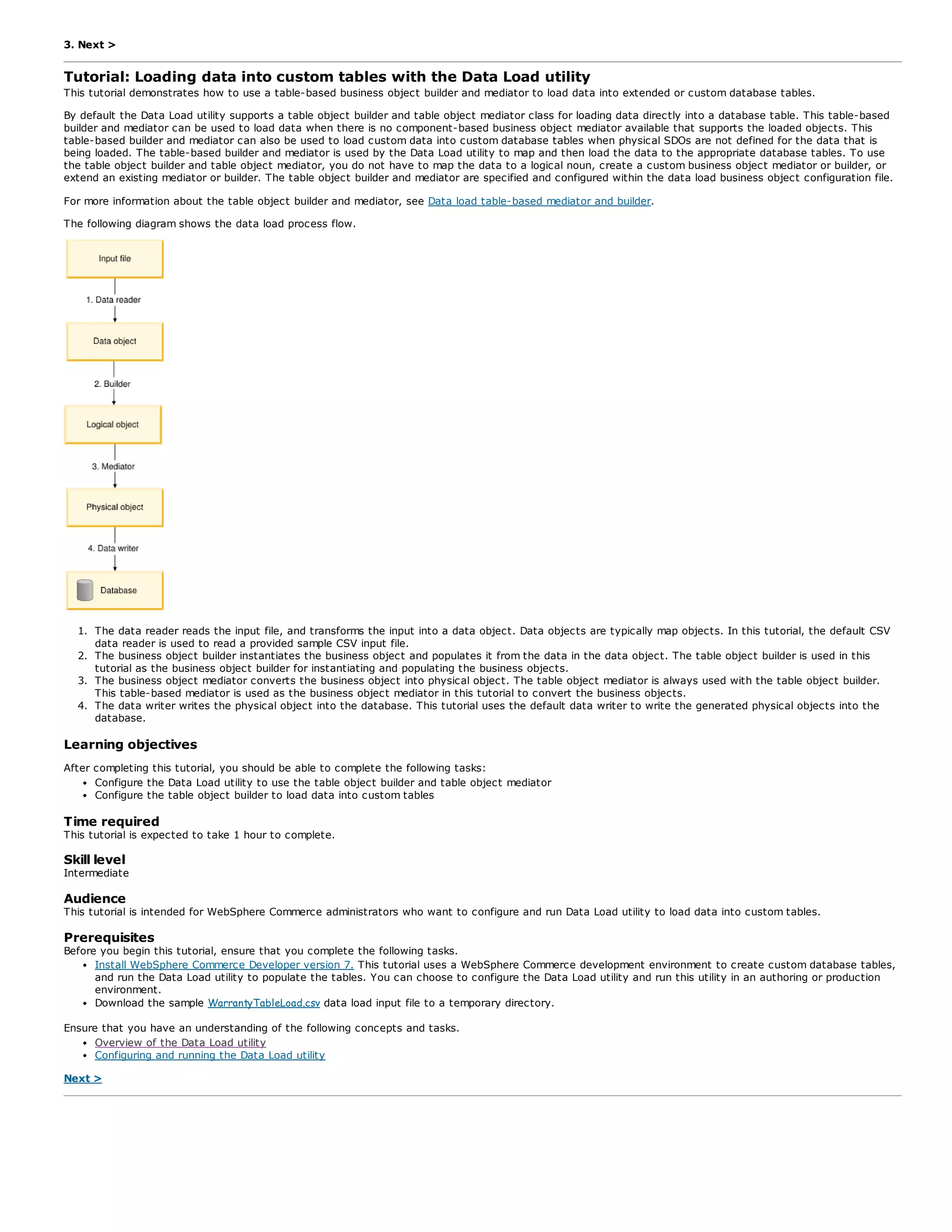 3. Next >
Tutorial: Loading data into custom tables with the Data Load utility
This tutorial demonstrates how to use a table-based business object builder and mediator to load data into extended or custom database tables.
By default the Data Load utility supports a table object builder and table object mediator class for loading data directly into a database table. This table-based
builder and mediator can be used to load data when there is no component-based business object mediator available that supports the loaded objects. This
table-based builder and mediator can also be used to load custom data into custom database tables when physical SDOs are not defined for the data that is
being loaded. The table-based builder and mediator is used by the Data Load utility to map and then load the data to the appropriate database tables. To use
the table object builder and table object mediator, you do not have to map the data to a logical noun, create a custom business object mediator or builder, or
extend an existing mediator or builder. The table object builder and mediator are specified and configured within the data load business object configuration file.
For more information about the table object builder and mediator, see Data load table-based mediator and builder.
The following diagram shows the data load process flow.
1. The data reader reads the input file, and transforms the input into a data object. Data objects are typically map objects. In this tutorial, the default CSV
data reader is used to read a provided sample CSV input file.
2. The business object builder instantiates the business object and populates it from the data in the data object. The table object builder is used in this
tutorial as the business object builder for instantiating and populating the business objects.
3. The business object mediator converts the business object into physical object. The table object mediator is always used with the table object builder.
This table-based mediator is used as the business object mediator in this tutorial to convert the business objects.
4. The data writer writes the physical object into the database. This tutorial uses the default data writer to write the generated physical objects into the
database.
Learning objectives
After completing this tutorial, you should be able to complete the following tasks:
Configure the Data Load utility to use the table object builder and table object mediator
Configure the table object builder to load data into custom tables
Time required
This tutorial is expected to take 1 hour to complete.
Skill level
Intermediate
Audience
This tutorial is intended for WebSphere Commerce administrators who want to configure and run Data Load utility to load data into custom tables.
Prerequisites
Before you begin this tutorial, ensure that you complete the following tasks.
Install WebSphere Commerce Developer version 7. This tutorial uses a WebSphere Commerce development environment to create custom database tables,
and run the Data Load utility to populate the tables. You can choose to configure the Data Load utility and run this utility in an authoring or production
environment.
Download the sample WarrantyTableLoad.csv data load input file to a temporary directory.
Ensure that you have an understanding of the following concepts and tasks.
Overview of the Data Load utility
Configuring and running the Data Load utility
Next >
 