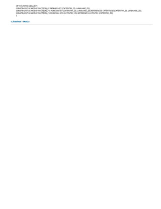 OPTCOUNTER SMALLINT,
CONSTRAINT XCAREINSTRUCTION_PK PRIMARY KEY (CATENTRY_ID, LANGUAGE_ID),
CONSTRAINT XCAREINSTRUCTION_FK1 FOREIGN KEY (CATENTRY_ID, LANGUAGE_ID) REFERENCES CATENTDESC(CATENTRY_ID, LANGUAGE_ID),
CONSTRAINT XCAREINSTRUCTION_FK2 FOREIGN KEY (CATENTRY_ID) REFERENCES CATENTRY (CATENTRY_ID)
);
< Previous | Next >
 