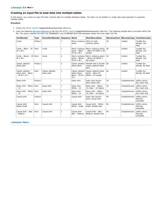 < Previous | 3.2. Next >
Creating an input file to load data into multiple tables
In this lesson, you create an input file that contains data for multiple database tables. The data can be loaded in a single data load operation to populate
multiple tables.
Procedure
1. Create the WCDE_installdirsamplesDataloadwarranty directory.
2. Copy the following WarrantyTableLoad.csv file into the WCDE_installdirsamplesDataloadwarranty directory. The following sample data is included within this
file. This data is loaded into both the XWARRANTY and XCAREINSTRUCTION database tables from the single CSV file.
PartNumber Type ParentPartNumber Sequence Name ShortDescription WarrentyTerm WarrantyType CareInstruction
Cords Product 1 Men's corduroy
pants
Men's 8-wale
corduroy pants
30 Limited Tumble Dry,
Normal, Low
Heat
Cords - Black - 29
W x 28 L
Item Cords 1 Men's corduroy
pants - Black
29 W x 28 L
Men's corduroy pants
- Black 29 Width x 28
Length
30 Limited Tumble Dry,
Normal, Low
Heat
Cords - Brown - 29
W x 28 L
Item Cords 2 Men's corduroy
pants - Brown
29 W x 28 L
Men's corduroy pants
- Brown 29 Width x
28 Length
30 Limited Tumble Dry,
Normal, Low
Heat
Classic pleated
dress pant
Product 2 Classic pleated
dress pants
Wrinkle-free 5 pocket
classic pleated dress
pant
60 Limited Tumble Dry,
Normal, No Heat
Classic pleated
dress pant - Black
- 29 W x 32 L
Item Classic pleated
dress pant
1 Classic pleated
dress pants -
Black - 29 W x
32 L
Classic pleated dress
pants - Black 29
Width x 32 Length
60 Limited Tumble Dry,
Normal, No Heat
Dress shirt Product 1 Dress shirt Solid color button-
down dress shirt
30 Comprehensive 100% cotton.
Dry clean only.
Dress shirt - White
- 15
Item Dress shirt 1 Dress shirt -
White - 15
Dress shirt - White -
15 collar - 32 Sleeve
30 Comprehensive 100% cotton.
Dry clean only.
Dress shirt - White
- 16
Item Dress shirt 2 Dress shirt -
White - 16
Dress shirt - White -
16 collar - 35 Sleeve
30 Comprehensive 100% cotton.
Dry clean only.
Casual shirt Product 2 Casual shirt Solid color button
down casual shirt
90 Comprehensive 100% cotton.
Machine
washable.
Casual shirt -
White-Small
Item Casual shirt 1 Casual shirt -
White - Small
Casual shirt - White -
Small. Wrinkle free
90 Comprehensive 100% cotton.
Machine
washable.
Casual shirt - Blue
- Medium
Item Casual shirt 2 Casual shirt -
Blue - Medium
Casual shirt - Blue -
Medium. Wrinkle free
90 Comprehensive 100% cotton.
Machine
washable.
< Previous | Next >
 