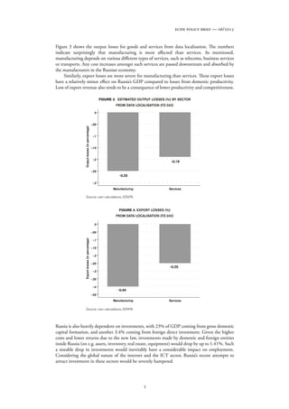 5
ecipe policy brief — 06/2015
Figure 3 shows the output losses for goods and services from data localisation. The numbers
indicate surprisingly that manufacturing is more affected than services. As mentioned,
manufacturing depends on various different types of services, such as telecoms, business services
or transports. Any cost increases amongst such services are passed downstream and absorbed by
the manufacturers in the Russian economy.
Similarly, export losses are more severe for manufacturing than services. These export losses
have a relatively minor effect on Russia’s GDP compared to losses from domestic productivity.
Loss of export revenue also tends to be a consequence of lower productivity and competitiveness.
FIGURE 3. ESTIMATED OUTPUT LOSSES (%) BY SECTOR
FROM DATA LOCALISATION (FZ-242)
FIGURE 4. EXPORT LOSSES (%)
FROM DATA LOCALISATION (FZ-242)
Russia is also heavily dependent on investments, with 23% of GDP coming from gross domestic
capital formation, and another 3.4% coming from foreign direct investment. Given the higher
costs and lower returns due to the new law, investments made by domestic and foreign entities
inside Russia (on e.g. assets, inventory, real estate, equipment) would drop by up to 1.41%. Such
a sizeable drop in investments would inevitably have a considerable impact on employment.
Considering the global nature of the internet and the ICT sector, Russia’s recent attempts to
attract investment in these sectors would be severely hampered.
Source: own calculations, GTAP8.
Source: own calculations, GTAP8.
 