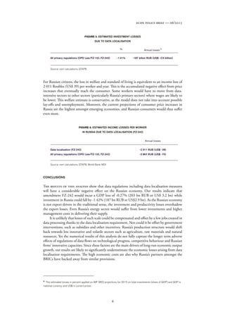 6
ecipe policy brief — 06/2015
FIGURE 5. ESTIMATED INVESTMENT LOSSES
DUE TO DATA LOCALISATION
For Russian citizens, the loss in welfare and standard of living is equivalent to an income loss of
2 011 Roubles (US$ 39) per worker and year. This is the accumulated negative effect from price
increases that eventually reach the consumer. Some workers would have to move from data-
intensive sectors to other sectors (particularly Russia’s primary sectors) where wages are likely to
be lower. This welfare estimate is conservative, as the model does not take into account possible
lay-offs and unemployment. Moreover, the current projections of consumer price increases in
Russia are the highest amongst emerging economies, and Russian consumers would thus suffer
even more.
FIGURE 6. ESTIMATED INCOME LOSSES PER WORKER
IN RUSSIA DUE TO DATA LOCALISATION (FZ-242)
CONCLUSIONS
The results of this analysis show that data regulations including data localisation measures
will have a considerable negative effect on the Russian economy. Our results indicate that
amendment FZ-242 would incur a GDP loss of -0.27% (203 bn RUB or US$ 3.2 bn) while
investment in Russia could fall by -1.42% (187 bn RUB or US$2.9 bn). As the Russian economy
is not export driven in the traditional sense, the investment and productivity losses overshadow
the export losses. Even Russia’s energy sector would suffer from lower investments and higher
management costs in delivering their supply.
It is unlikely that losses of such scale could be compensated and offset by a few jobs created in
data processing thanks to the data localisation requirement. Nor could it be offset by government
interventions, such as subsidies and other incentives. Russia’s production structure would shift
back towards less innovative and volatile sectors such as agriculture, raw materials and natural
resources. Yet the numerical results of this analysis do not fully capture the longer term adverse
effects of regulations of data flows on technological progress, competitive behaviour and Russian
firms’ innovative capacities. Since these factors are the main drivers of long-run economic output
growth, our results are likely to significantly underestimate the economic losses arising from data
localisation requirements. The high economic costs are also why Russia’s partners amongst the
BRICs have backed away from similar provisions.
All privacy regulations (OPD Law/FZ-152, FZ-242) -1.41% -187 billon RUB (US$ -2.9 billion)
% Annual losses 8
Source: own calculations, GTAP8
Data localisation (FZ-242)
All privacy regulations (OPD Law/FZ-152, FZ-242)
-2 011 RUB (US$ -39)
-3 867 RUB (US$ -75)
Annual losses
Source: own calculations, GTAP8, World Bank WDI
8
The estimated losses in percent applied on IMF WEO projections for 2015 on total investments (share of GDP) and GDP in
national currency and US$ in current prices
 