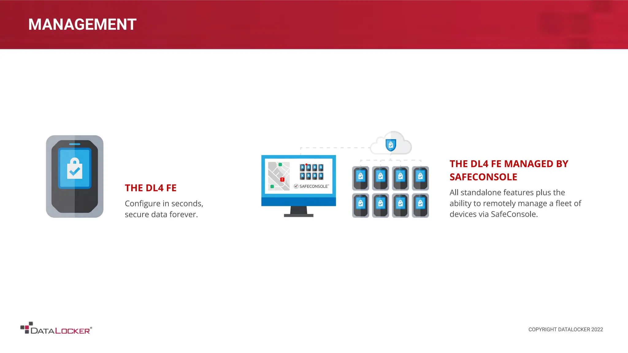 MANAGEMENT
THE DL4 FE
Conﬁgure in seconds,
secure data forever.
THE DL4 FE MANAGED BY
SAFECONSOLE
All standalone features plus the
ability to remotely manage a ﬂeet of
devices via SafeConsole.
COPYRIGHT DATALOCKER 2022
 