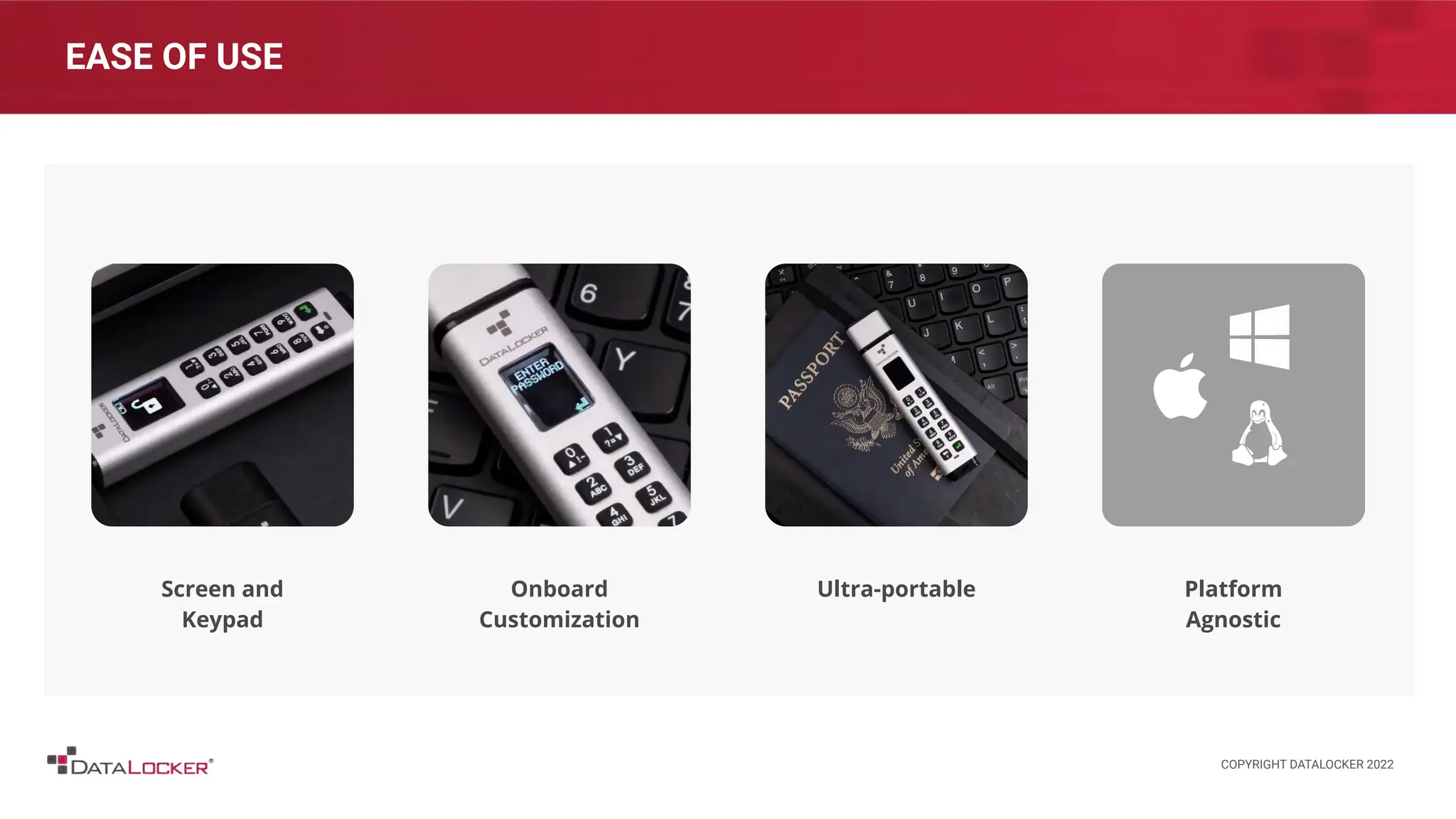 EASE OF USE
Screen and
Keypad
Onboard
Customization
Ultra-portable Platform
Agnostic
COPYRIGHT DATALOCKER 2022
 