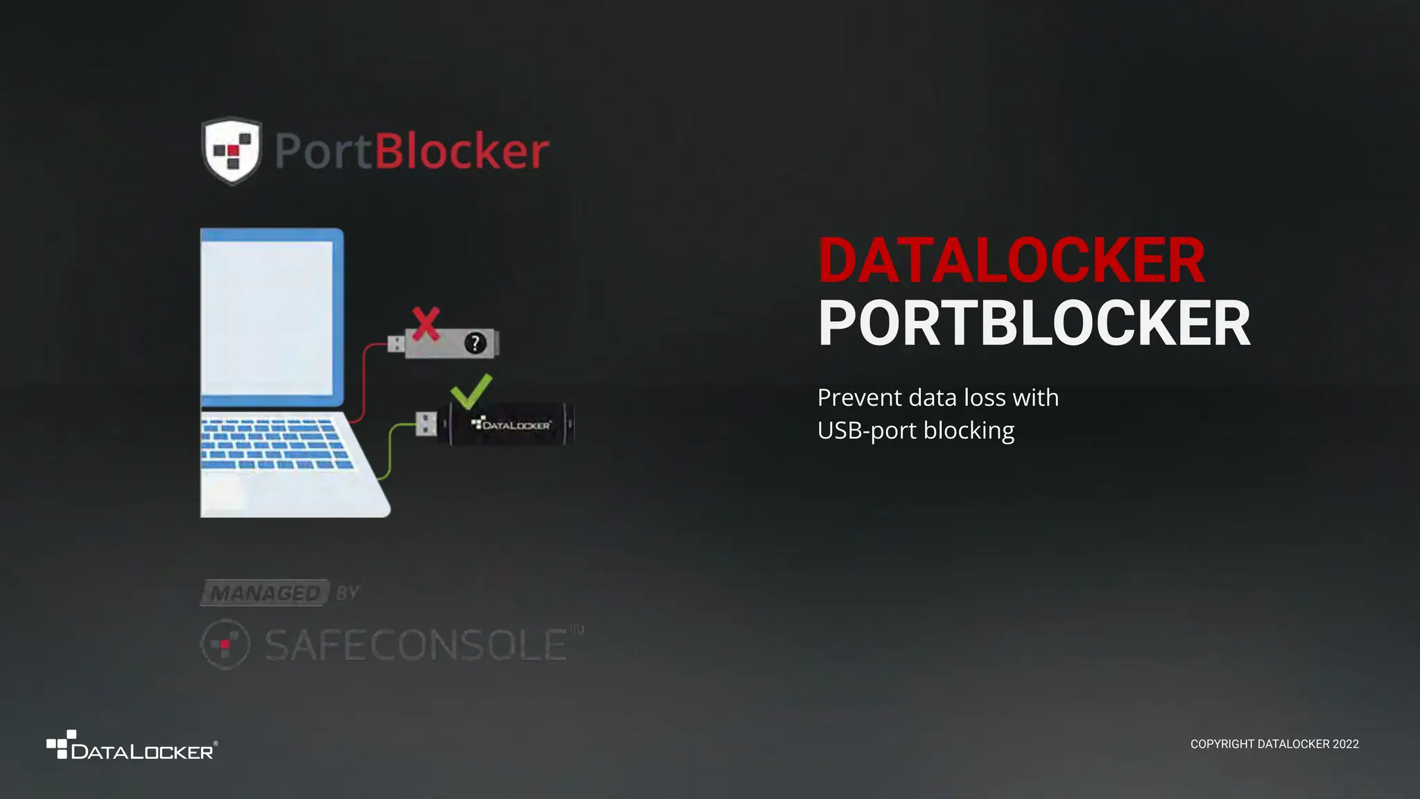 DATALOCKER
PORTBLOCKER
Prevent data loss with
USB-port blocking
COPYRIGHT DATALOCKER 2022
 
