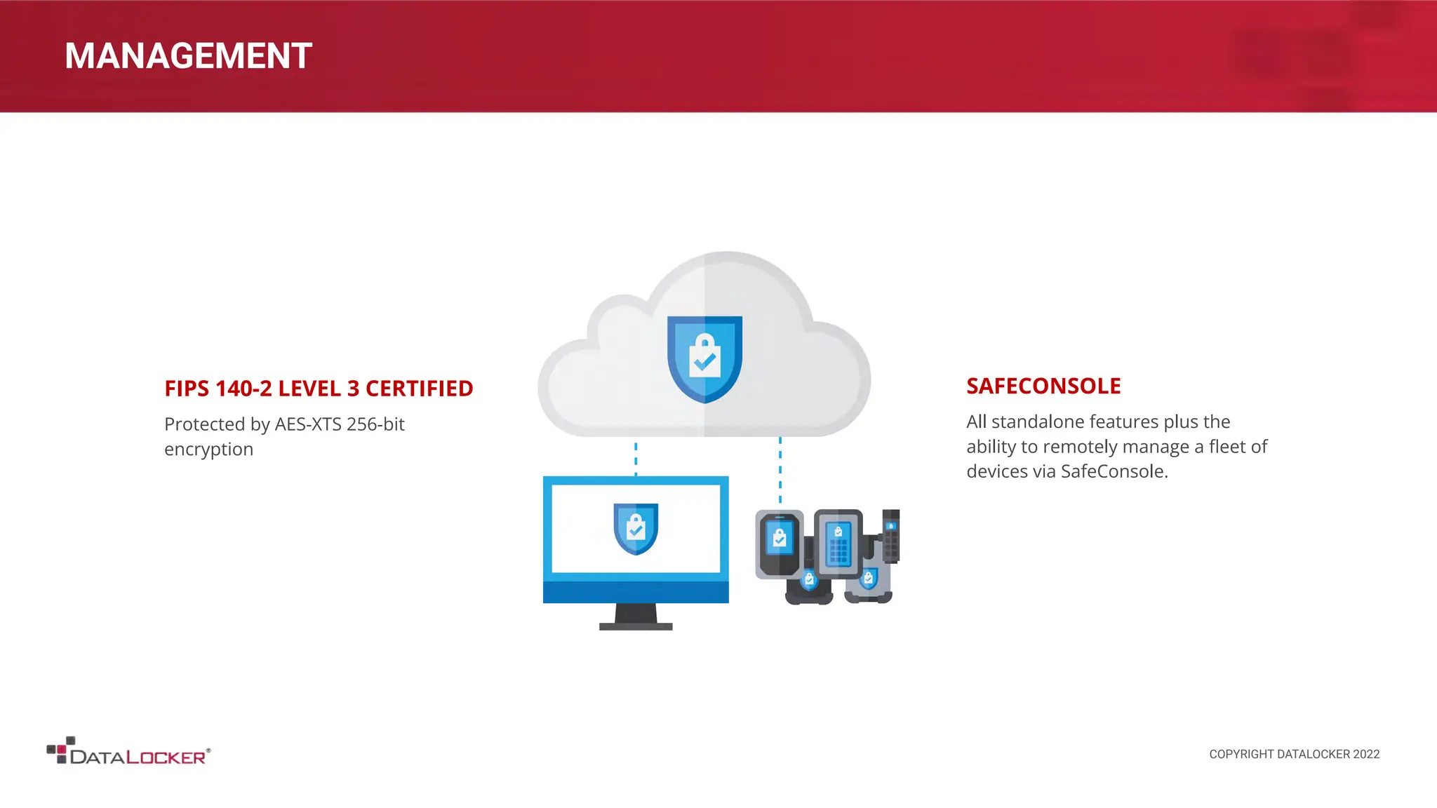 MANAGEMENT
FIPS 140-2 LEVEL 3 CERTIFIED
Protected by AES-XTS 256-bit
encryption
SAFECONSOLE
All standalone features plus the
ability to remotely manage a ﬂeet of
devices via SafeConsole.
COPYRIGHT DATALOCKER 2022
 