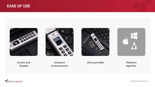EASE OF USE
Screen and
Keypad
Onboard
Customization
Ultra-portable Platform
Agnostic
COPYRIGHT DATALOCKER 2022
 