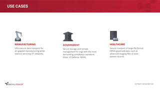 USE CASES
MANUFACTURING
Ultra-secure data transport for
air-gapped manufacturing white
stations servicing OT networks.
HEALTHCARE
Secure transport of large-ﬁle-format
HIPAA-governed data, such as
advanced imaging ﬁles or even
patient records.
GOVERNMENT
Secure storage and remote
management for orgs with the most
demanding compliance standards
(Dept. of Defense, NASA).
COPYRIGHT DATALOCKER 2022
 
