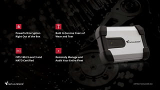 Remotely Manage and
Audit Your Entire Fleet
FIPS 140-2 Level 3 and
NATO Certiﬁed
Powerful Encryption
Right Out of the Box
Built to Survive Years of
Wear and Tear
COPYRIGHT DATALOCKER 2022
 