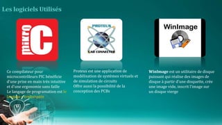 Ce compilateur pour
microcontrôleurs PIC bénéficie
d'une prise en main très intuitive
et d'une ergonomie sans faille
Le langage de programation est le
langage c embarquée
Proteus est une application de
modélisation de systèmes virtuels et
de simulation de circuits
Offre aussi la possibilité de la
conception des PCBs
WinImage est un utilitaire de disque
puissant qui réalise des images de
disque à partir d'une disquette, crée
une image vide, inscrit l'image sur
un disque vierge
 