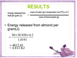 RESULTS Energy released from almond per gram(J) = 4.812 KJ  