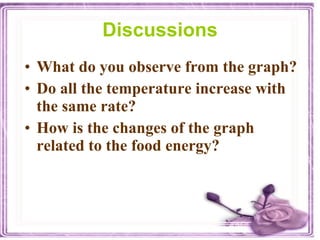 Discussions What do you observe from the graph? Do all the temperature increase with the same rate? How is the changes of the graph related to the food energy? 