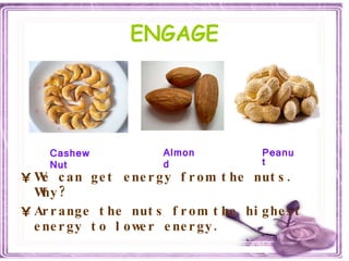ENGAGE We can get energy from the nuts. Why? Arrange the nuts from the highest energy to lower energy. Cashew Nut Peanut Almond 