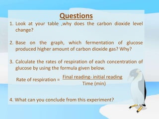 Questions
1. Look at your table ,why does the carbon dioxide level
change?
2. Base on the graph, which fermentation of glucose
produced higher amount of carbon dioxide gas? Why?
3. Calculate the rates of respiration of each concentration of
glucose by using the formula given below.
4. What can you conclude from this experiment?
Rate of respiration =
Final reading- initial reading
Time (min)
 