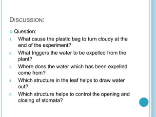 DISCUSSION:
    Question:
1.    What cause the plastic bag to turn cloudy at the
      end of the experiment?
2.    What triggers the water to be expelled from the
      plant?
3.    Where does the water which has been expelled
      come from?
4.    Which structure in the leaf helps to draw water
      out?
5.    Which structure helps to control the opening and
      closing of stomata?
 