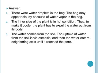     Answer:
1.    There were water droplets in the bag. The bag may
      appear cloudy because of water vapor in the bag.
2.    The inner side of the plant is in hot condition. Thus, to
      make it cooler the plant has to expel the water out from
      its body.
3.    The water comes from the soil. The uptake of water
      from the soil is via osmosis, and then the water enters
      neighboring cells until it reached the pore.
 