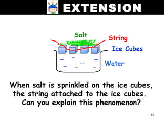 EXTENSION

                  Salt     String
                            Ice Cubes

                          Water


When salt is sprinkled on the ice cubes,
the string attached to the ice cubes.
  Can you explain this phenomenon?
                                        19
 