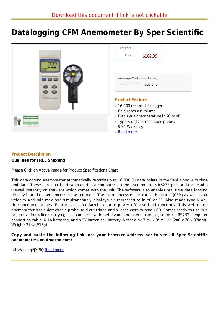 Datalogging cfm anemometer by sper scientific