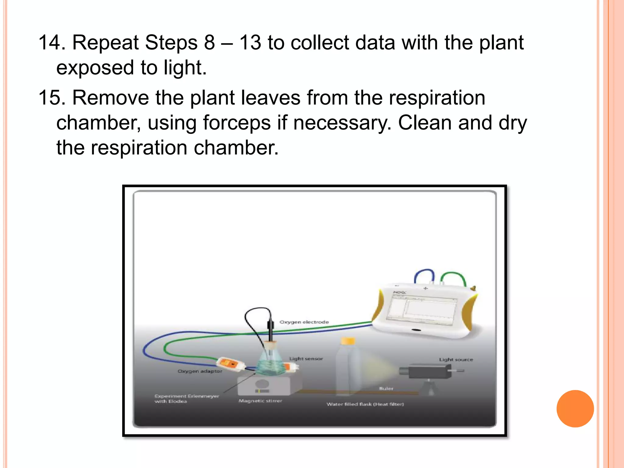 14. Repeat Steps 8 – 13 to collect data with the plant
  exposed to light.
15. Remove the plant leaves from the respiration
  chamber, using forceps if necessary. Clean and dry
  the respiration chamber.
 