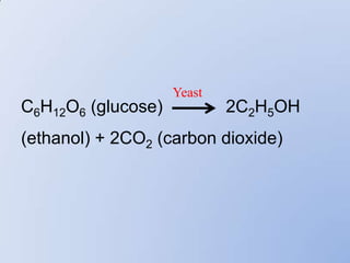 Yeast
C6H12O6 (glucose)           2C2H5OH
(ethanol) + 2CO2 (carbon dioxide)
 