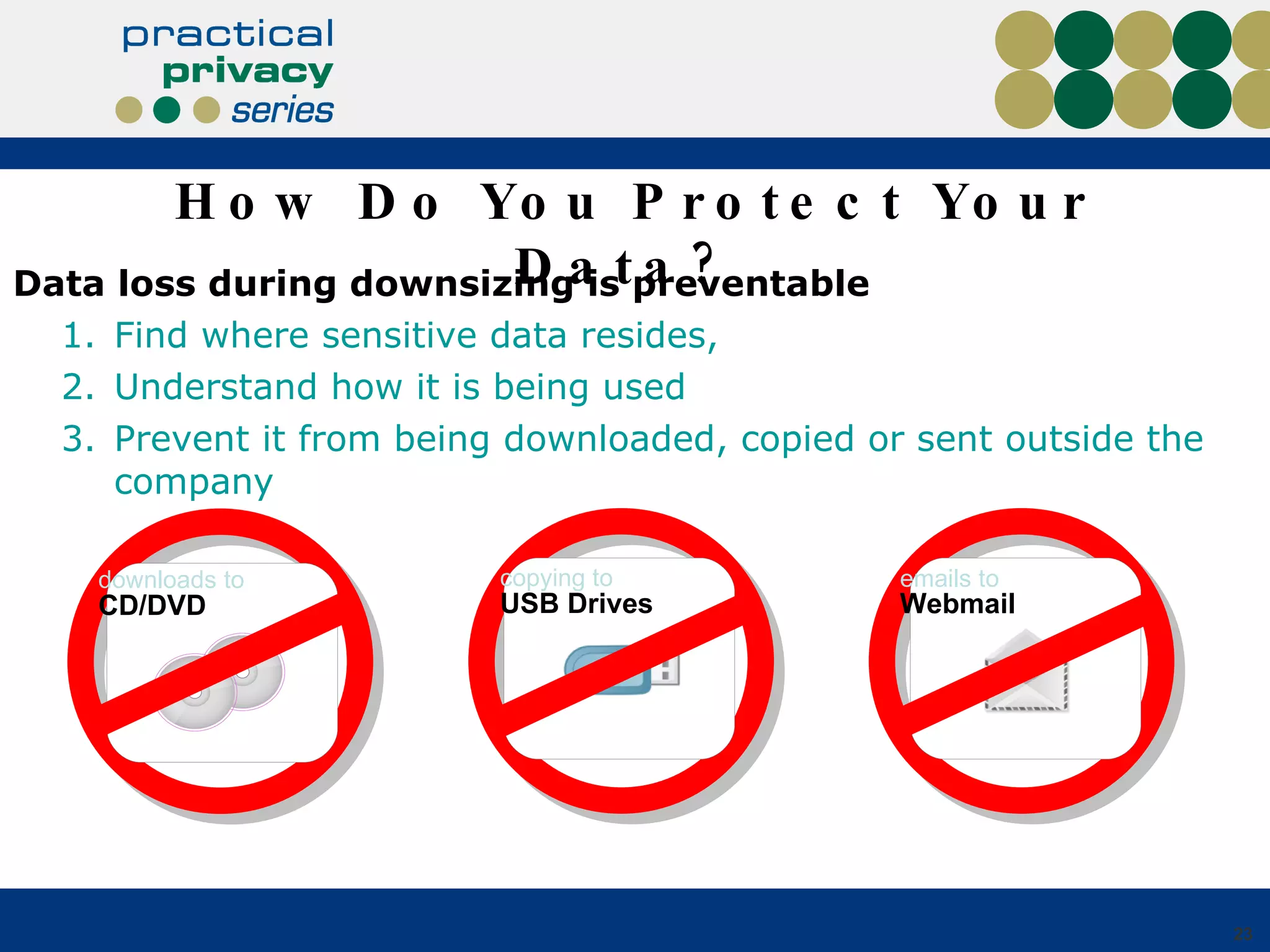 How Do You Protect Your Data?  Data loss during downsizing is preventable Find where sensitive data resides,  Understand how it is being used Prevent it from being downloaded, copied or sent outside the company downloads to  CD/DVD copying to   USB Drives emails to Webmail 
