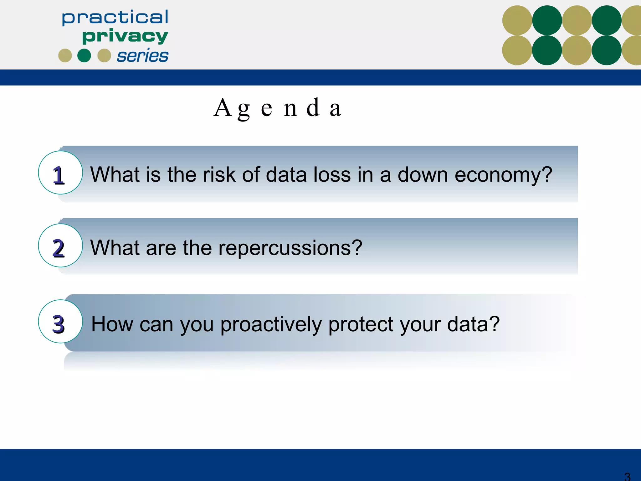 Agenda What is the risk of data loss in a down economy? What are the repercussions? How can you proactively protect your data? 1 2 3 