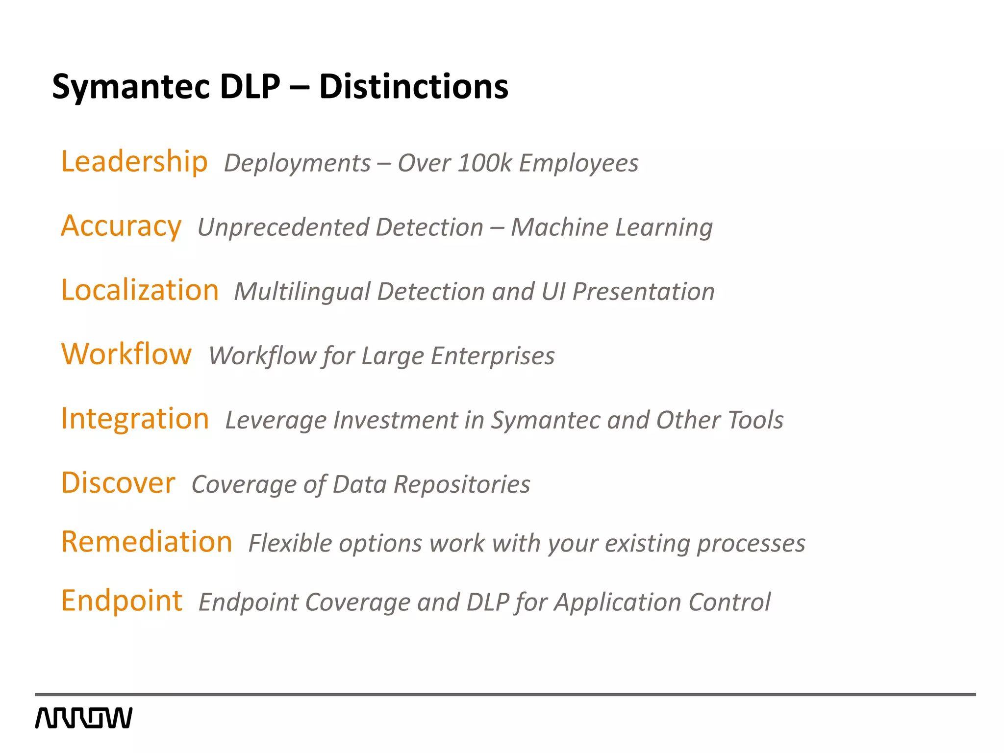 Symantec DLP – Distinctions
Leadership Deployments – Over 100k Employees
Accuracy Unprecedented Detection – Machine Learning
Localization Multilingual Detection and UI Presentation
Workflow Workflow for Large Enterprises
Integration Leverage Investment in Symantec and Other Tools
Discover Coverage of Data Repositories
Remediation Flexible options work with your existing processes
Endpoint Endpoint Coverage and DLP for Application Control
 