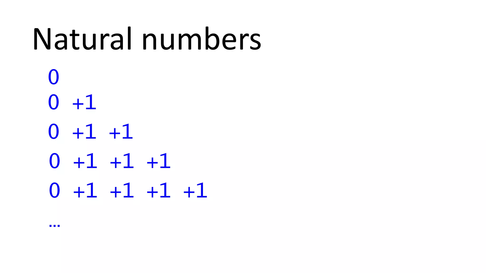 Natural numbers
0
0 +1
0 +1 +1
0 +1 +1 +1
0 +1 +1 +1 +1
…
 