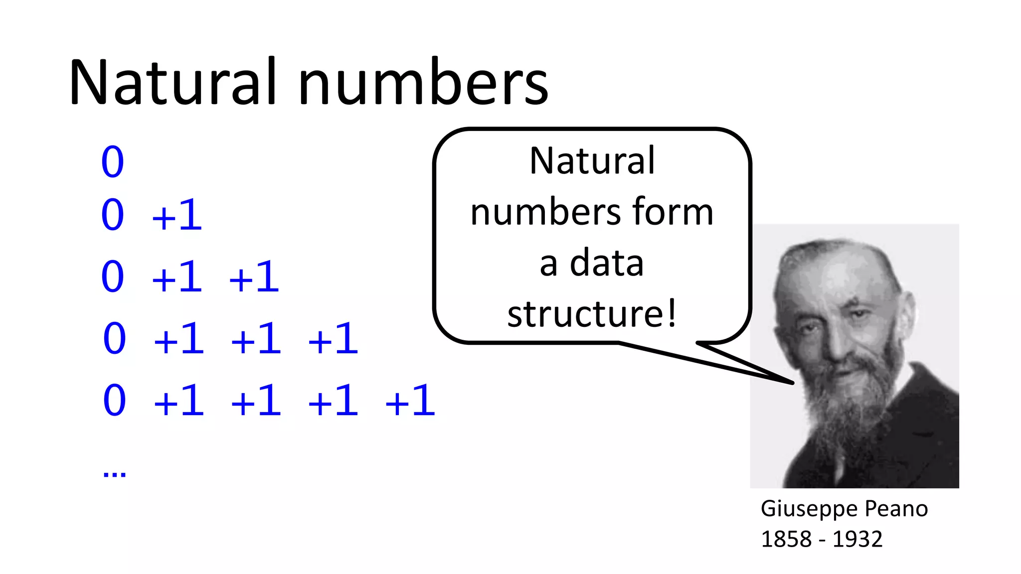 Natural numbers
0
0 +1
0 +1 +1
0 +1 +1 +1
0 +1 +1 +1 +1
…
Giuseppe Peano
1858 - 1932
Natural
numbers form
a data
structure!
 