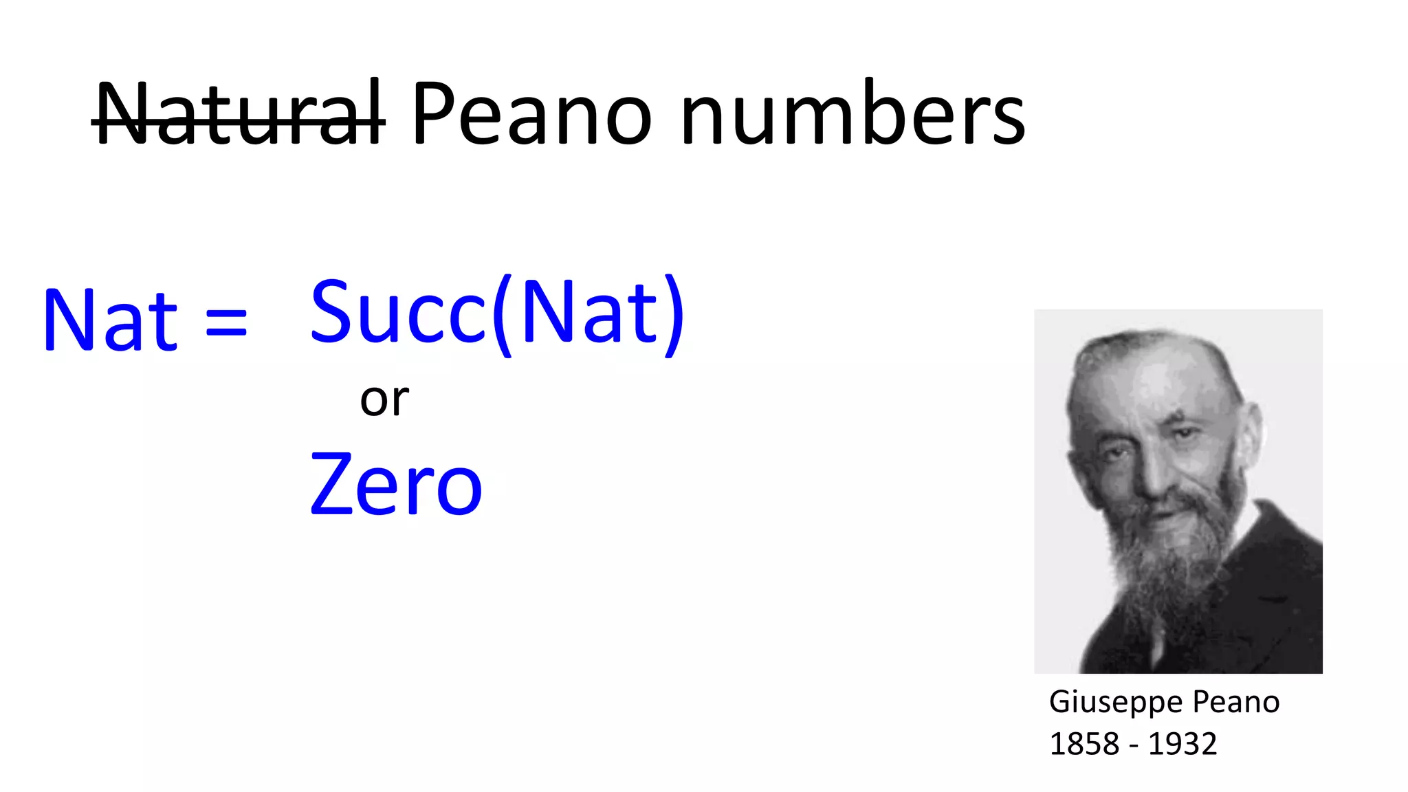Zero
Succ(Nat)
or
Nat =
Natural Peano numbers
Giuseppe Peano
1858 - 1932
 