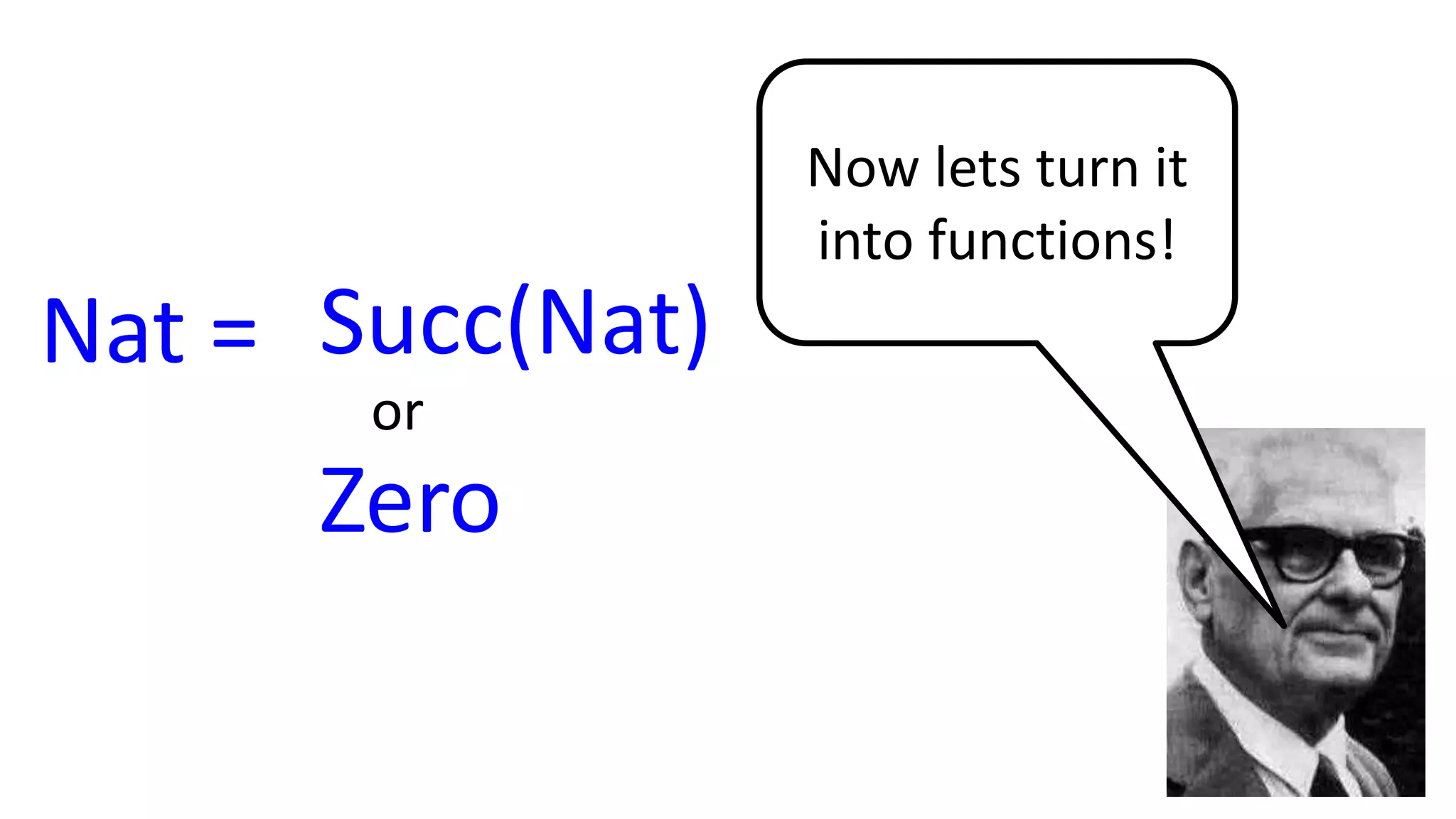 or
Nat =
Now lets turn it
into functions!
Zero
Succ(Nat)
 