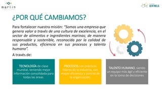 ¿POR QUÉ CAMBIAMOS?
Para fortalecer nuestra misión: “Somos una empresa que
genera valor a través de una cultura de excelencia, en el
sector de alimentos e ingredientes marinos; de manera
responsable y sostenible, reconocida por la calidad de
sus productos, eficiencia en sus procesos y talento
humano”.
A través de:
TECNOLOGÍA de clase
mundial, teniendo mejor
información consolidada para
todas las áreas.
PROCESOS con prácticas
líderes de la industria, con
mayor eficiencia y control de
la organización.
TALENTO HUMANO, siendo
un equipo más ágil y eficiente
en la toma de decisiones
 