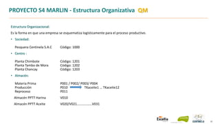 12
PROYECTO S4 MARLIN - Estructura Organizativa QM
Estructura Organizacional:
Es la forma en que una empresa se esquematiza logísticamente para el proceso productivo.
• Sociedad:
Pesquera Centinela S.A.C Código: 1000
• Centro :
Planta Chimbote Código: 1201
Planta Tambo de Mora Código: 1202
Planta Chancay Código: 1203
• Almacén:
Materia Prima P001 / P002/ P003/ P004
Producción P010 TKaceite1 … TKaceite12
Reproceso P011
Almacén PPTT Harina V010
Almacén PPTT Aceite V020/V021………………V031
 