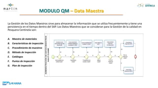 MODULO QM – Data Maestra
La Gestión de los Datos Maestros sirve para almacenar la información que se utiliza frecuentemente y tiene una
persistencia en el tiempo dentro del SAP. Los Datos Maestros que se consideran para la Gestión de la calidad en
Pesquera Centinela son:
A. Maestro de materiales
B. Características de inspección
C. Procedimiento de muestreo
D. Método de inspección
E. Catálogos
F. Puntos de inspección
G. Plan de inspección
 