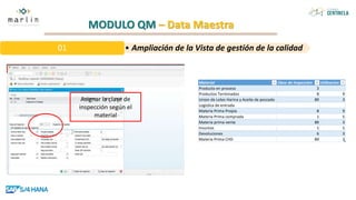 MODULO QM – Data Maestra
Asignar la clase de
inspección según el
material
Material Clase de Inspeccion Utilizacion
Producto en proceso 3
Productos Terminados 8 9
Union de Lotes Harina y Aceite de pescado 89 3
Logistica de entrada
Materia Prima Propia 8 9
Materia Prima comprada 1 5
Materia prima venta 89 3
Insumos 1 5
Devoluciones 6 3
Materia Prima CHD 89 3
• Ampliación de la Vista de gestión de la calidad
01
 