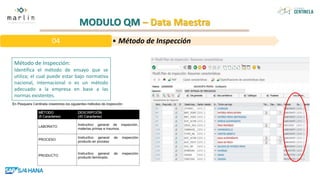 MODULO QM – Data Maestra
Método de Inspección:
Identifica el método de ensayo que se
utiliza; el cual puede estar bajo normativa
nacional, internacional o es un método
adecuado a la empresa en base a las
normas existentes.
• Método de Inspección
04
 