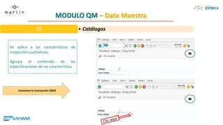 MODULO QM – Data Maestra
Se aplica a las características de
inspección cualitativas.
Agrupa el contenido de las
especificaciones de un característica.
• Catálogos
05
Usaremos la transacción QS43
 