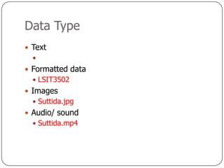 Data Type
 Text
  
 Formatted data
   LSIT3502
 Images
   Suttida.jpg
 Audio/ sound
   Suttida.mp4
 