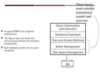 STRUCTURE OF A DBMS
 A typical DBMS has a layered
architecture.
 The figure does not show the
concurrency control and recovery
components.
 Each database system has its own
variations.
Query Optimization
and Execution
Relational Operators
Files and Access Methods
Buffer Management
Disk Space Management
DB
These layers
must consider
concurrency
control and
recovery
 