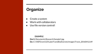 Organize
● Create a system
● Work with collaborators
● Use file version control!
EXAMPLE
Don’t: DocumentsResearchSample1.jpg
Do: C:NSFGrant123LakeTravisBiodiversityImagesTravis_20160412.tiff
 